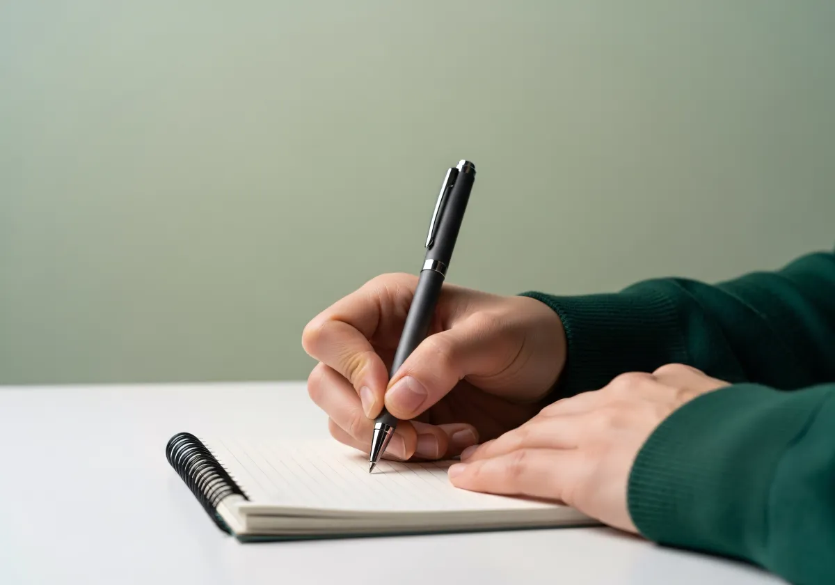Mãos escrevendo num caderno com plantas